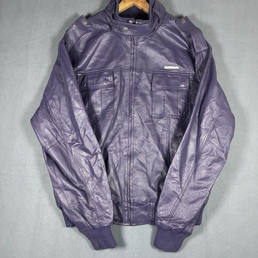 Live Mechanics Men’s XL Y2K Leather Moto Bomber Jacket Purple Perforated